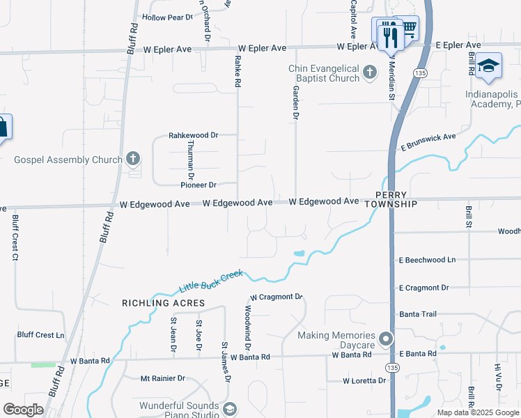 map of restaurants, bars, coffee shops, grocery stores, and more near 6025 Creekbend Boulevard in Indianapolis