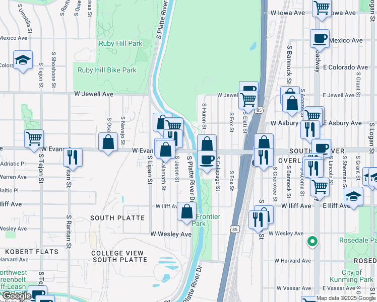 map of restaurants, bars, coffee shops, grocery stores, and more near W Evans Ave & S Platte River Dr in Denver