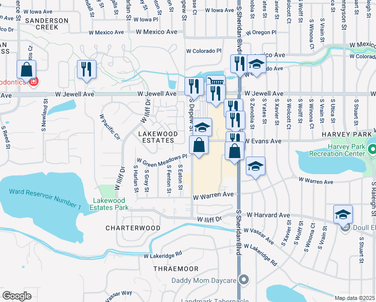 map of restaurants, bars, coffee shops, grocery stores, and more near 2155 South Sheridan Boulevard in Denver