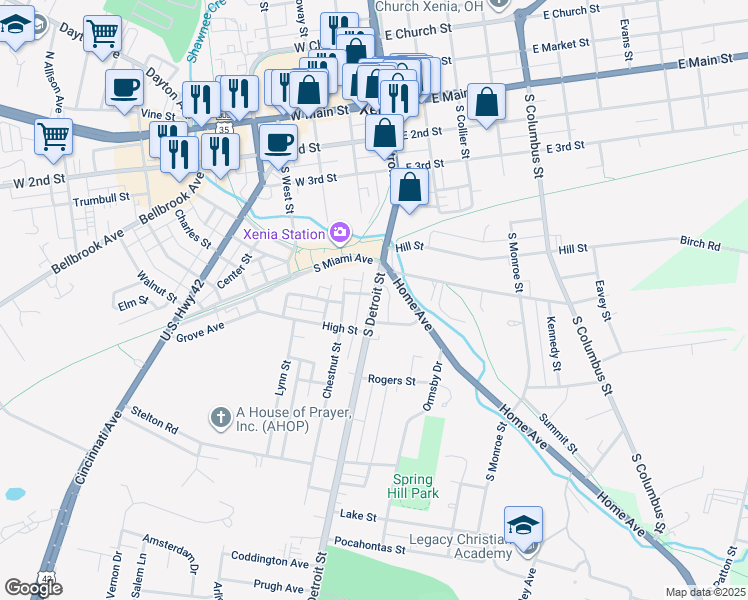 map of restaurants, bars, coffee shops, grocery stores, and more near 499 South Detroit Street in Xenia