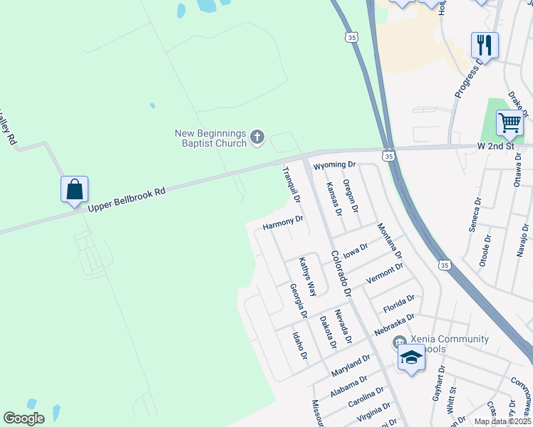 map of restaurants, bars, coffee shops, grocery stores, and more near 2222 Harmony Drive in Xenia