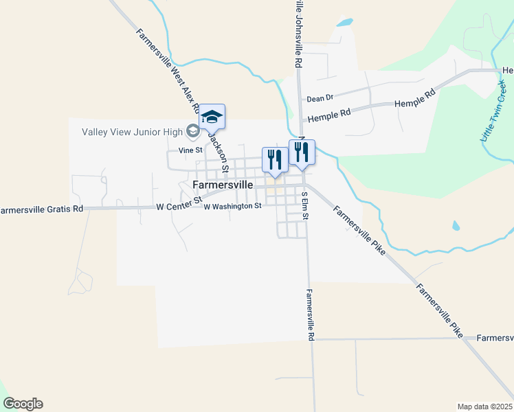map of restaurants, bars, coffee shops, grocery stores, and more near 102 West Washington Street in Farmersville
