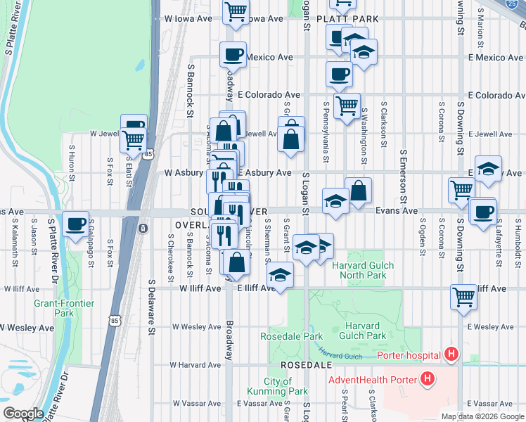 map of restaurants, bars, coffee shops, grocery stores, and more near 2122 South Sherman Street in Denver
