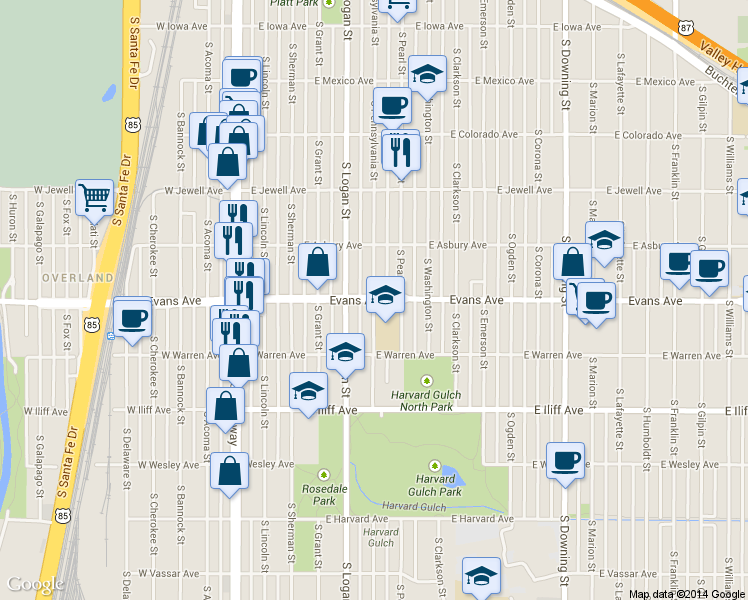 map of restaurants, bars, coffee shops, grocery stores, and more near E Evans Ave & S Pennsylvania St in Denver