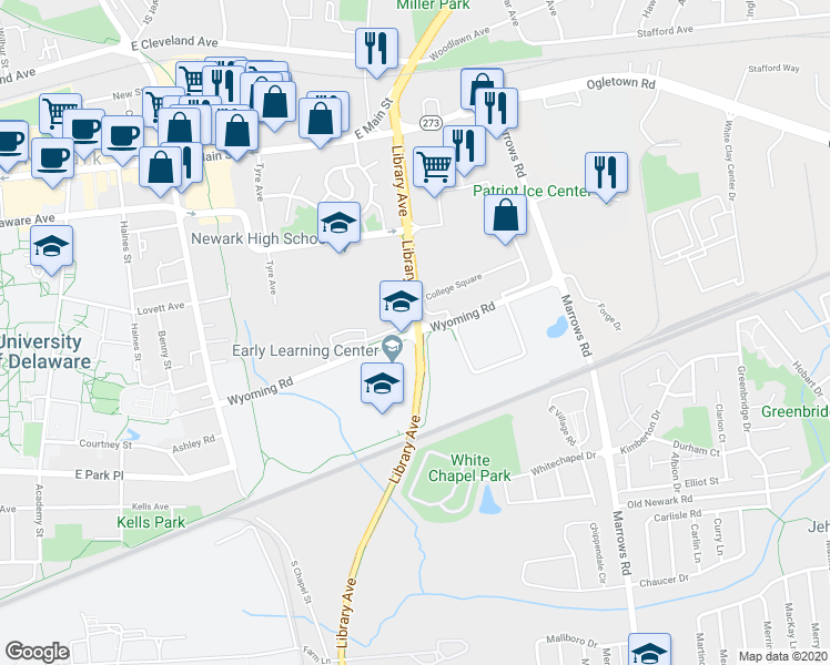 map of restaurants, bars, coffee shops, grocery stores, and more near 459 Wyoming Road in Newark