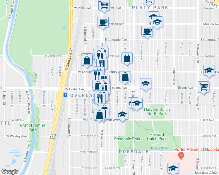 map of restaurants, bars, coffee shops, grocery stores, and more near East Evans Avenue & South Lincoln Street in Denver