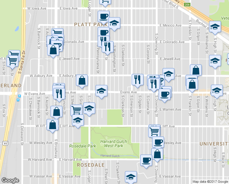 map of restaurants, bars, coffee shops, grocery stores, and more near East Evans Avenue & South Washington Street in Denver
