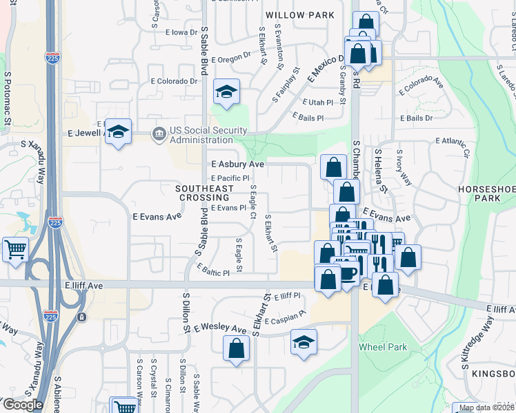 map of restaurants, bars, coffee shops, grocery stores, and more near 2135 South Elkhart Street in Aurora