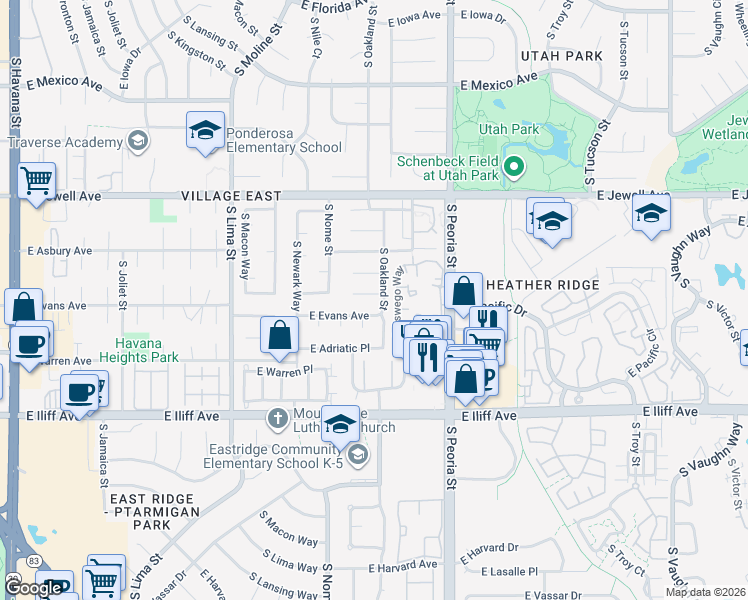 map of restaurants, bars, coffee shops, grocery stores, and more near 2104 South Oakland Street in Aurora