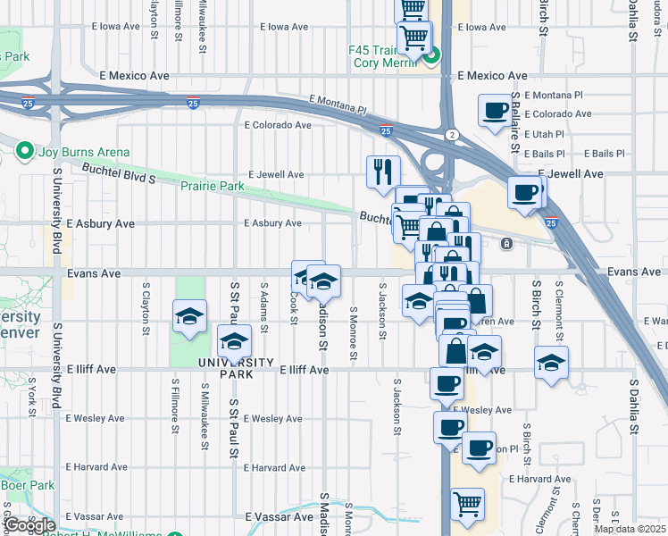 map of restaurants, bars, coffee shops, grocery stores, and more near 3510 Evans Avenue in Denver
