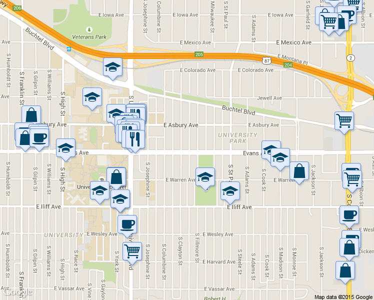 map of restaurants, bars, coffee shops, grocery stores, and more near 2114 South Clayton Street in Denver