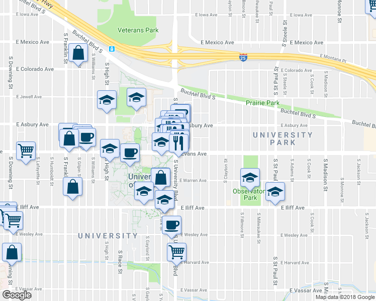 map of restaurants, bars, coffee shops, grocery stores, and more near 2101 South Josephine Street in Denver