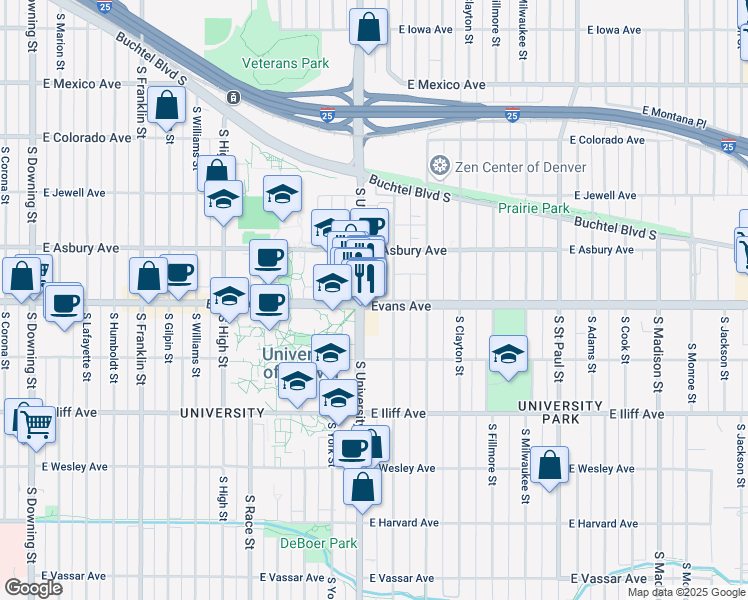 map of restaurants, bars, coffee shops, grocery stores, and more near in Denver