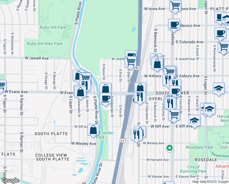 map of restaurants, bars, coffee shops, grocery stores, and more near 2118 South Galapago Street in Denver