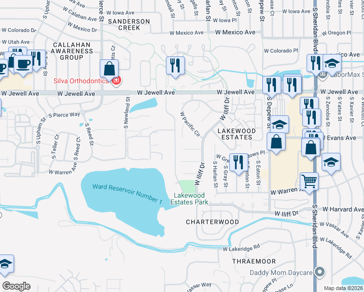 map of restaurants, bars, coffee shops, grocery stores, and more near 6120 West Evans Place in Lakewood