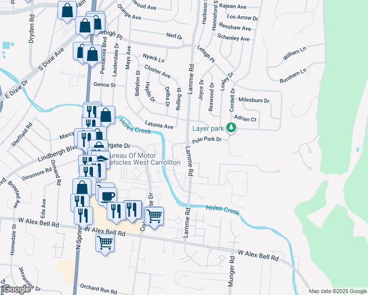 map of restaurants, bars, coffee shops, grocery stores, and more near 5133 Lamme Road in Moraine
