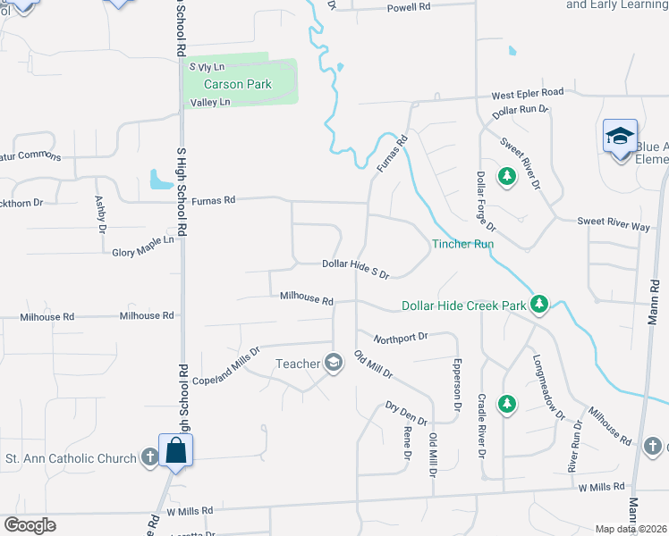 map of restaurants, bars, coffee shops, grocery stores, and more near 5744 Milhouse Road in Indianapolis