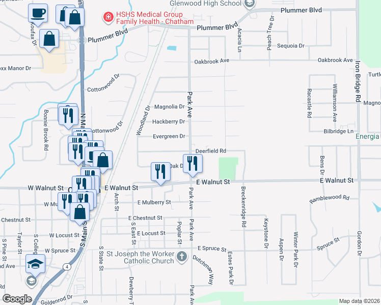 map of restaurants, bars, coffee shops, grocery stores, and more near 555 North Park Avenue in Chatham
