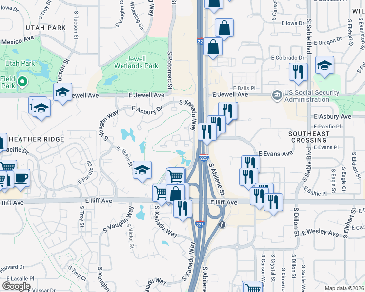 map of restaurants, bars, coffee shops, grocery stores, and more near 13650 East Evans Avenue in Aurora