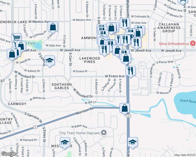 map of restaurants, bars, coffee shops, grocery stores, and more near 2131 South Allison Court in Lakewood