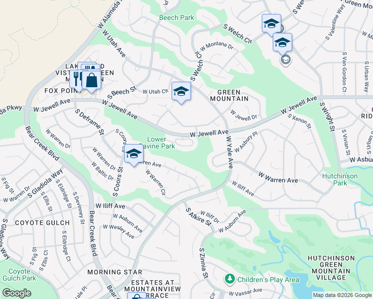 map of restaurants, bars, coffee shops, grocery stores, and more near 13174 West Asbury Circle in Lakewood