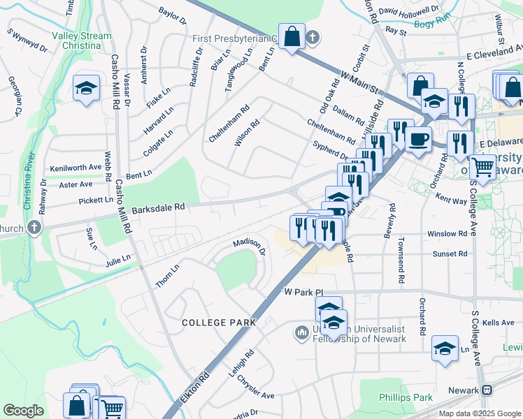 map of restaurants, bars, coffee shops, grocery stores, and more near 205 Sutton Way in Newark