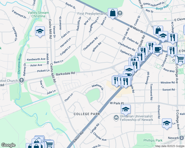 map of restaurants, bars, coffee shops, grocery stores, and more near 815 Barksdale Road in Newark