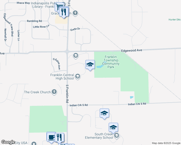 map of restaurants, bars, coffee shops, grocery stores, and more near 6215 South Franklin Road in Indianapolis