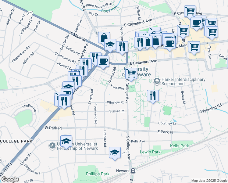 map of restaurants, bars, coffee shops, grocery stores, and more near 47 Kent Way in Newark