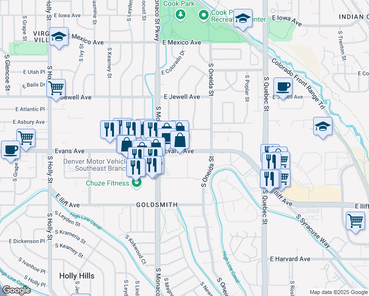 map of restaurants, bars, coffee shops, grocery stores, and more near 2150 South Monaco Parkway in Denver
