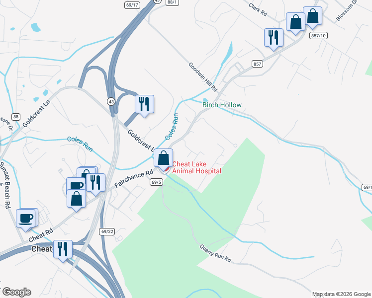 map of restaurants, bars, coffee shops, grocery stores, and more near 45 Twin Knobs in Morgantown