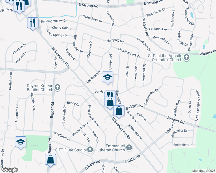 map of restaurants, bars, coffee shops, grocery stores, and more near 2601 Parklawn Drive in Dayton