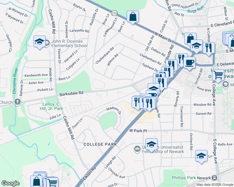map of restaurants, bars, coffee shops, grocery stores, and more near 403 Veterans Drive in Newark