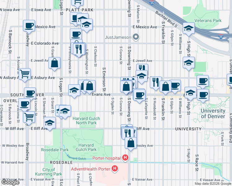 map of restaurants, bars, coffee shops, grocery stores, and more near 2125 South Ogden Street in Denver