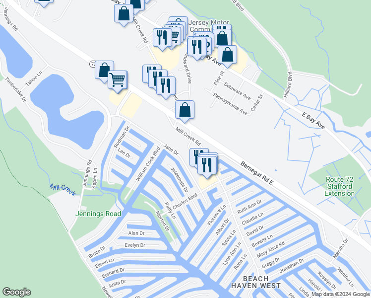 map of restaurants, bars, coffee shops, grocery stores, and more near 18 Crane Court in Stafford Township