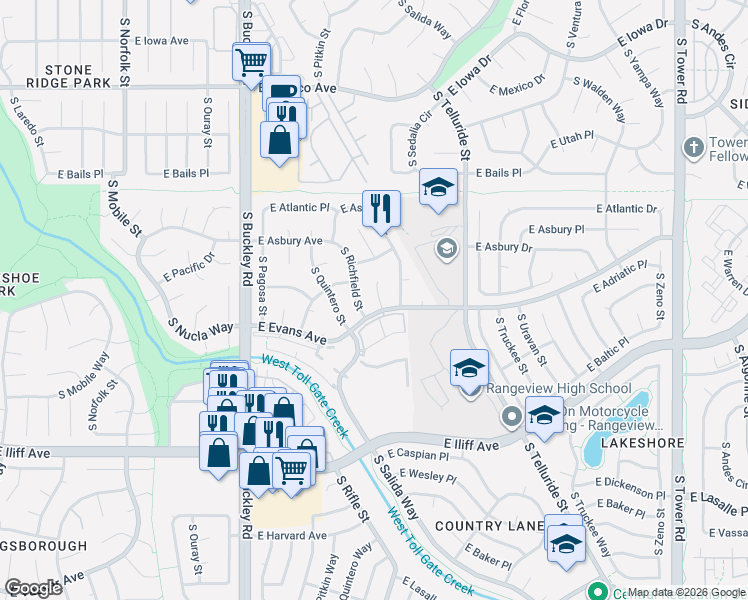 map of restaurants, bars, coffee shops, grocery stores, and more near 2104 South Richfield Way in Aurora