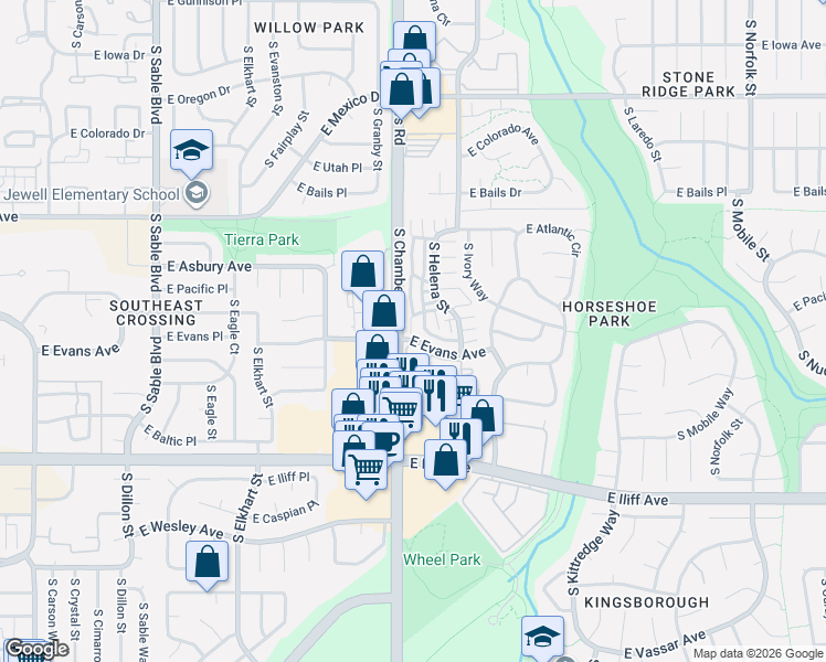 map of restaurants, bars, coffee shops, grocery stores, and more near 15300 East Evans Avenue in Aurora