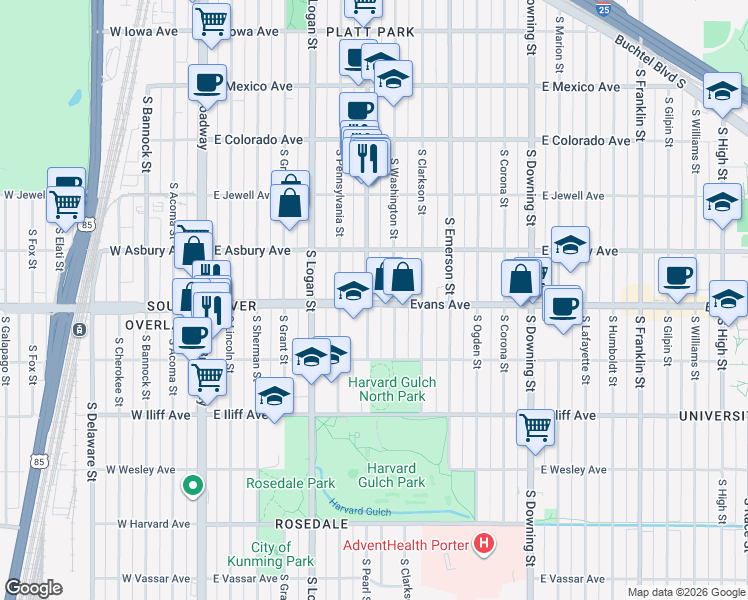 map of restaurants, bars, coffee shops, grocery stores, and more near 2135 South Pearl Street in Denver