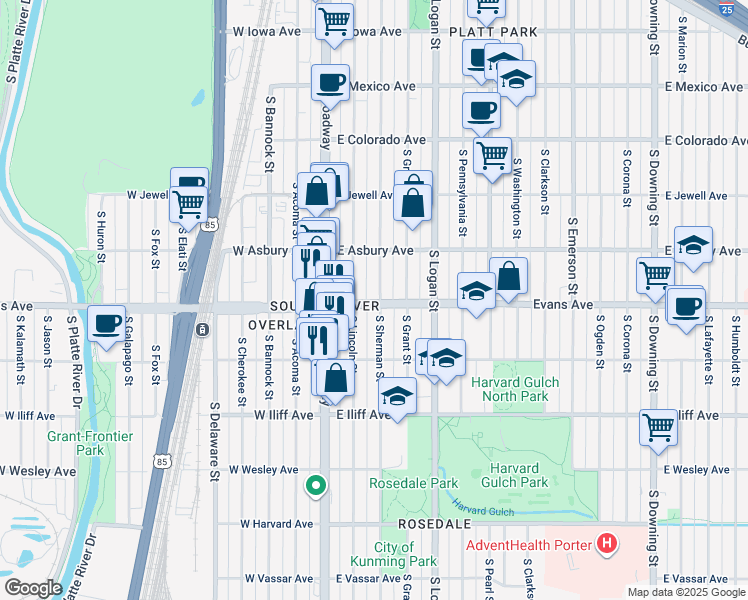 map of restaurants, bars, coffee shops, grocery stores, and more near 2122 South Sherman Street in Denver