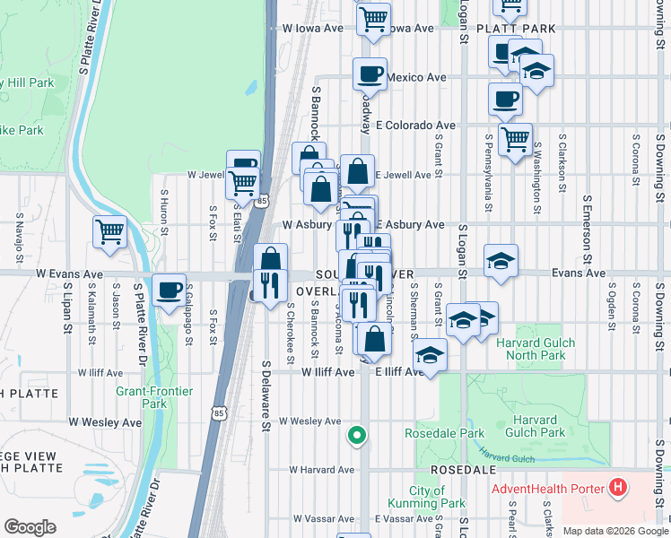 map of restaurants, bars, coffee shops, grocery stores, and more near in Denver