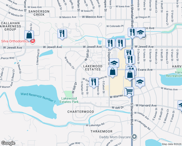 map of restaurants, bars, coffee shops, grocery stores, and more near 5821 West Green Meadows Place in Denver
