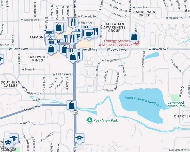 map of restaurants, bars, coffee shops, grocery stores, and more near 7258 West Adriatic Circle in Denver