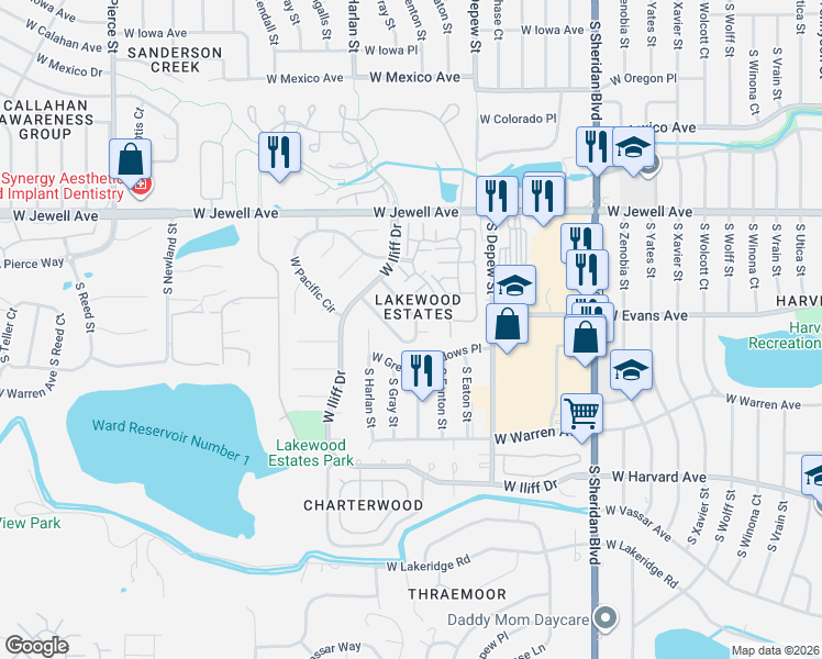 map of restaurants, bars, coffee shops, grocery stores, and more near 5821 West Green Meadows Place in Denver