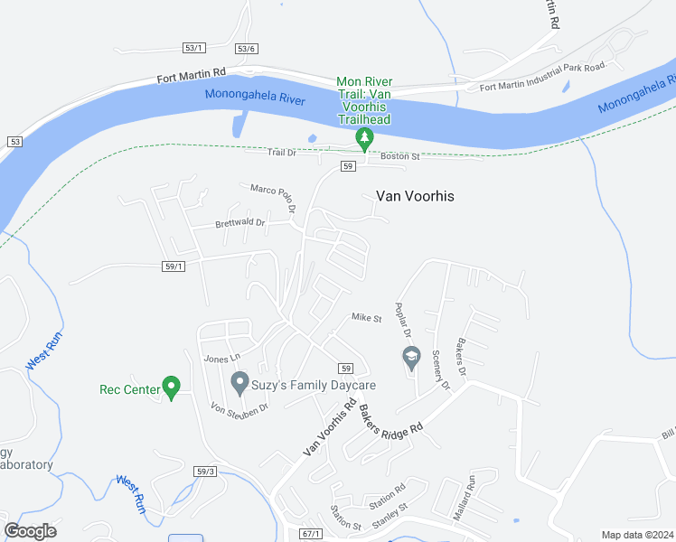 map of restaurants, bars, coffee shops, grocery stores, and more near 120 Top of the Rock Drive in Morgantown