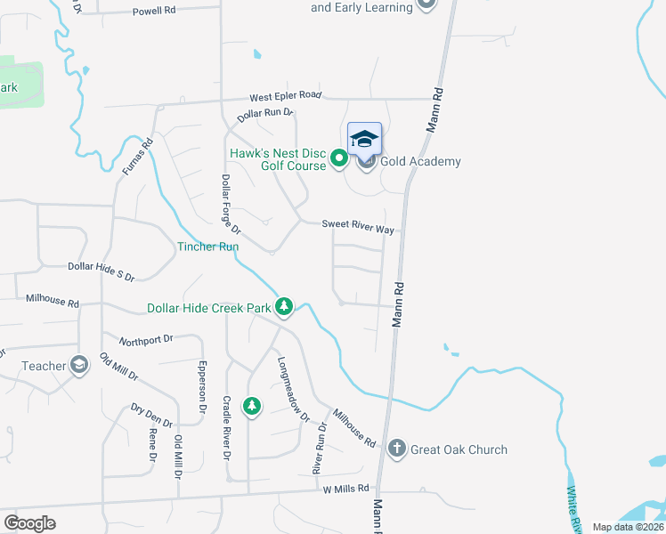 map of restaurants, bars, coffee shops, grocery stores, and more near 5850 Rolling Bluff Lane in Indianapolis