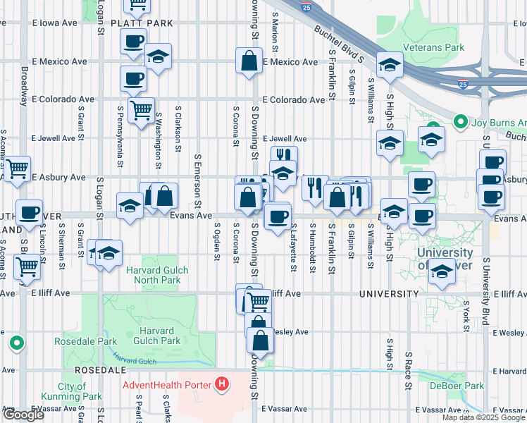 map of restaurants, bars, coffee shops, grocery stores, and more near 2150 South Downing Street in Denver