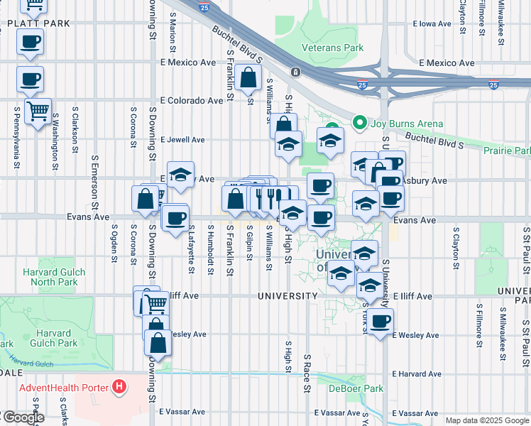 map of restaurants, bars, coffee shops, grocery stores, and more near in Denver