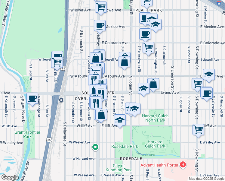 map of restaurants, bars, coffee shops, grocery stores, and more near 2122 South Sherman Street in Denver