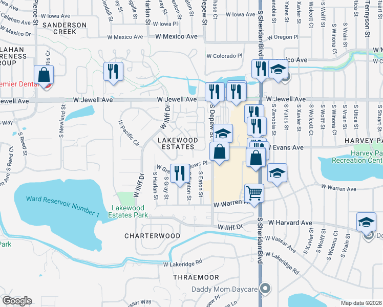 map of restaurants, bars, coffee shops, grocery stores, and more near 5727 West Asbury Place in Lakewood