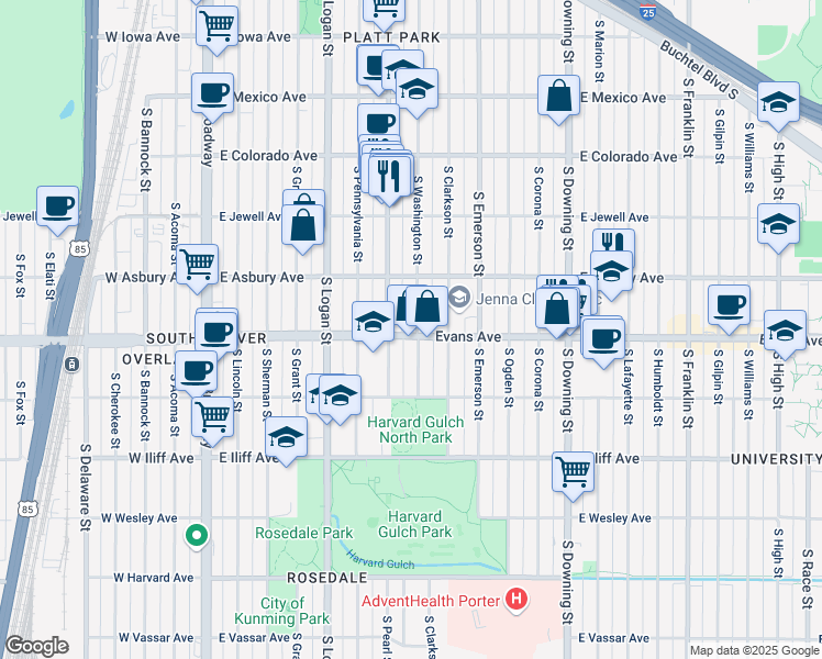 map of restaurants, bars, coffee shops, grocery stores, and more near 2040 South Washington Street in Denver